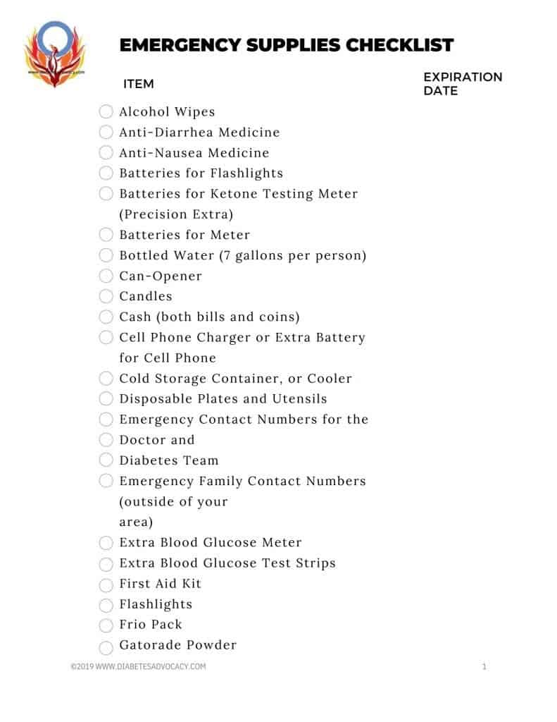 page of of emergency supplies checklist for people with diabetes