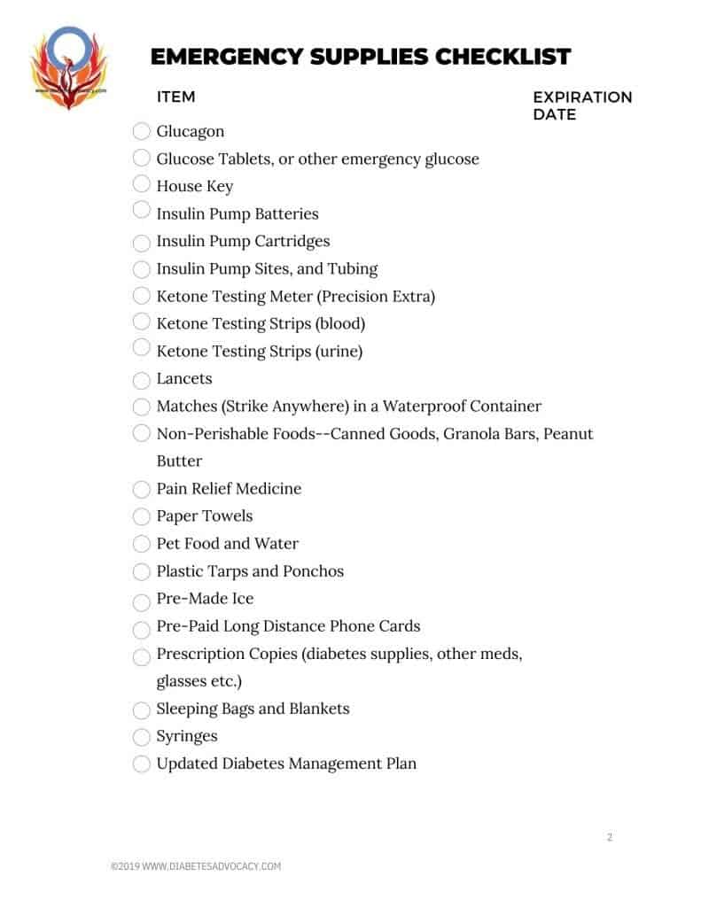 page 2 of emergency supplies checklist for people with diabetes