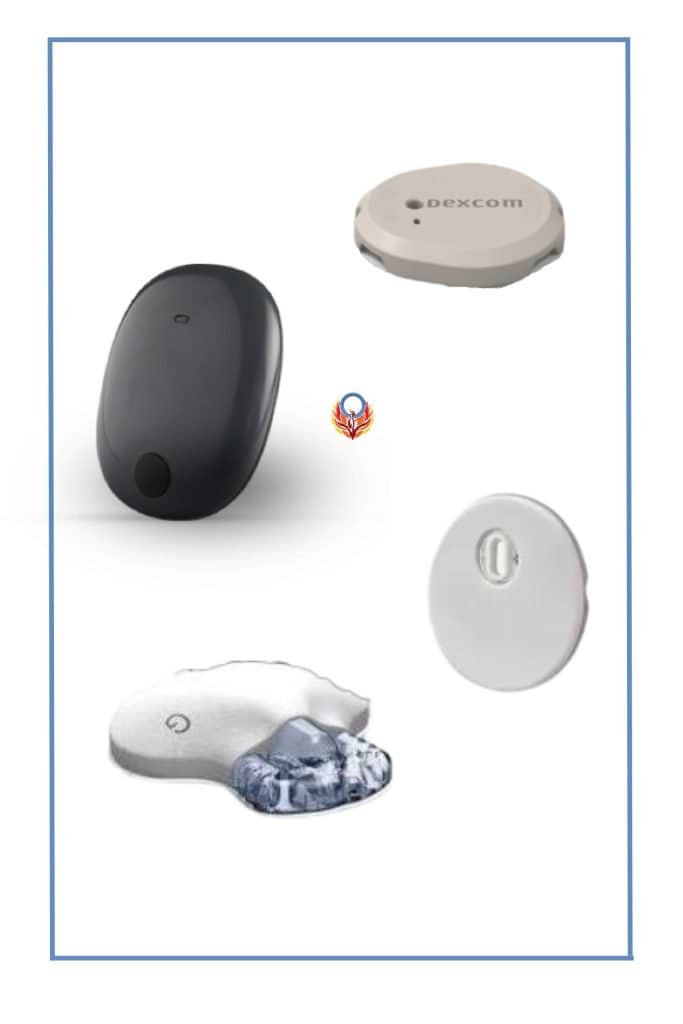Continuous glucose monitors displayed. Dexcom G7 at top right. Eversense 3 on the top left. Libre 3 sensor on the right bottom. Medtronic Guardian sensor on the bottom left. Blue border on a white background with the sensors in the middle.