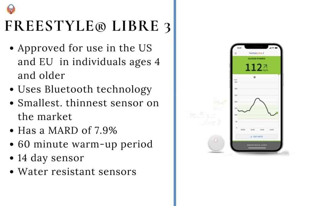 Freestyle Libre 3 features listed on left with text Approved for use in the US and EU  in individuals ages 4 and older
Uses Bluetooth technology
Smallest. thinnest sensor on the market
Has a MARD of 7.9%
60 minute warm-up period
14 day sensor
Water resistant sensors. Image of Libre 3 on the right