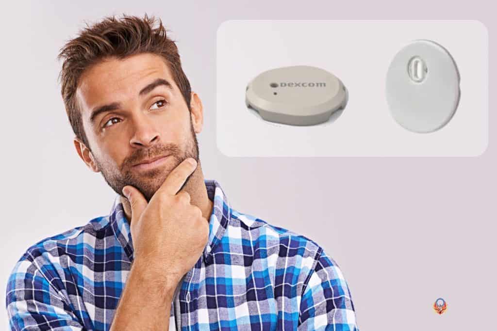 man with brown hair and slight beard with hand on his chin looking at images of a Dexcom G7 and Libre3