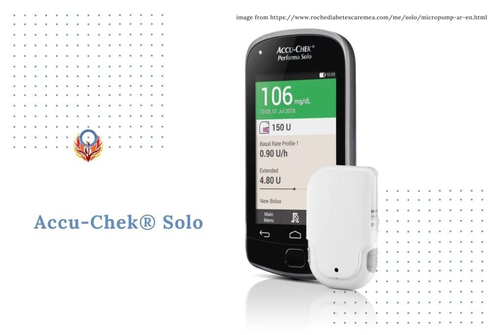 Accu Chek Solo written in blue on the bottom left of the image. Blue dots in the top left and bottom right corners of the image. Photo of the AccuChek Solo insulin pump and controller pictured on the left.
