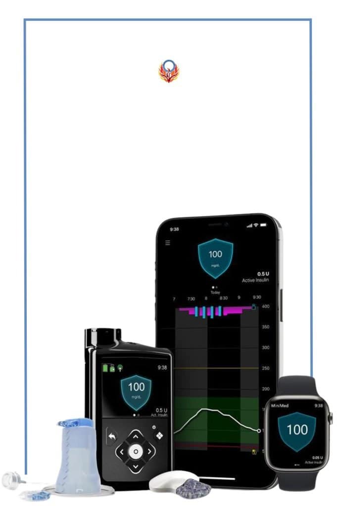 Medtronic 780G insulin pump with CGM, smart watch, and infusion set