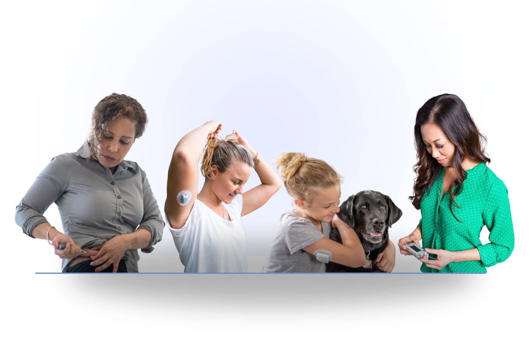 woman injecting herself with insulin. Woman in white tshirt wearing CGM. Young girl with dog wearing insulin pump. Asian woman checking her insulin pump